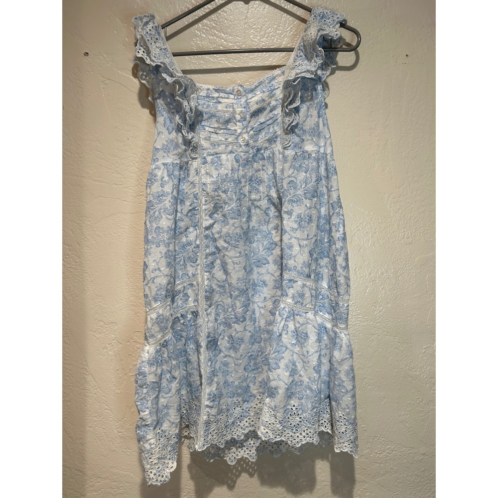 Rachel Ashwell Blue Floral Toile Eyelet‎ Cotton Mini Dress Smocked Back Womens M